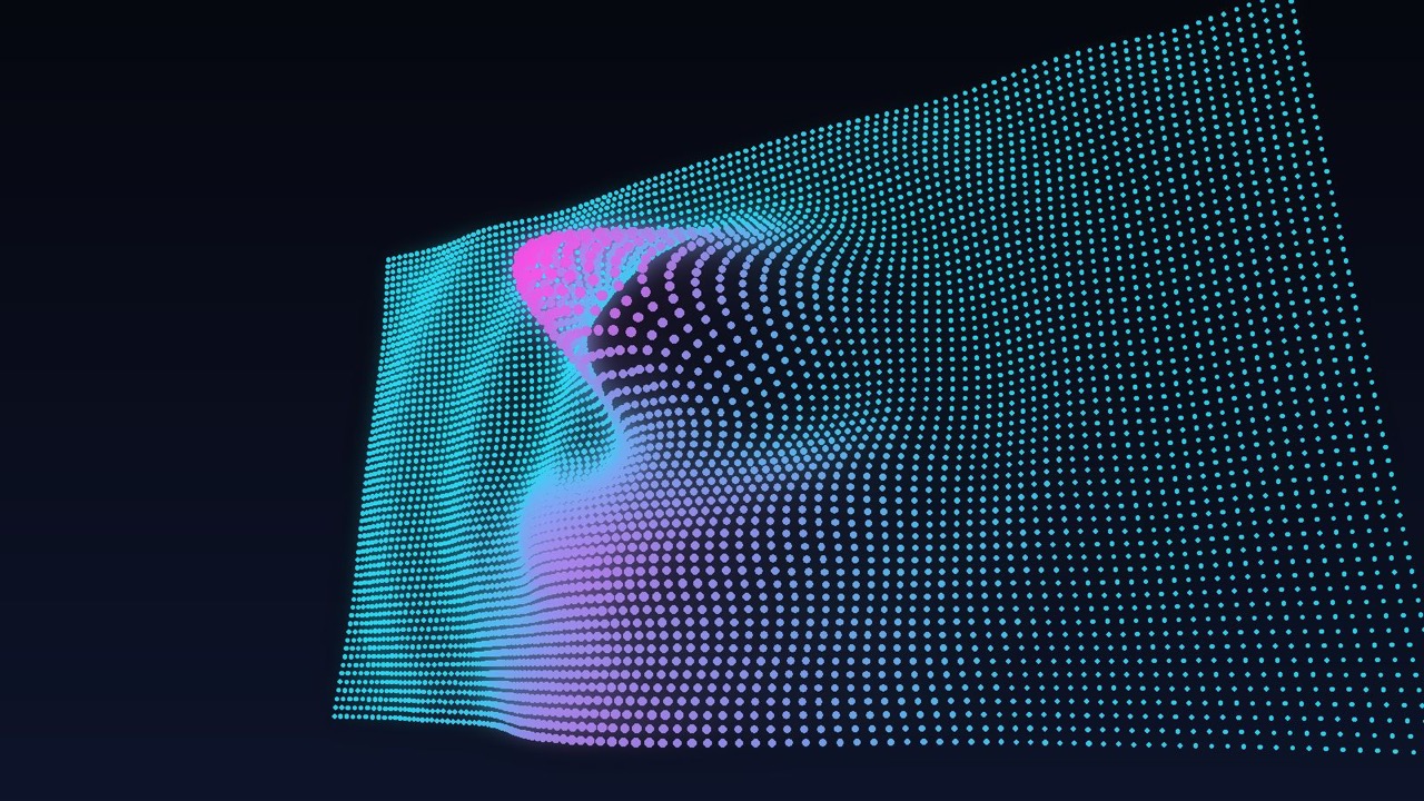 Point-cloud bust rising out of a plane of cyan and pink dots